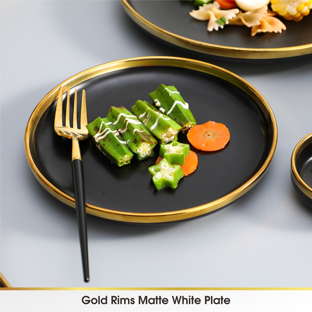 [SATUAN] BLACK - Piring Mangkok Makan Keramik Pinggiran Emas Cantik Ceramic Mewah Western Steak Gold Rim Plate