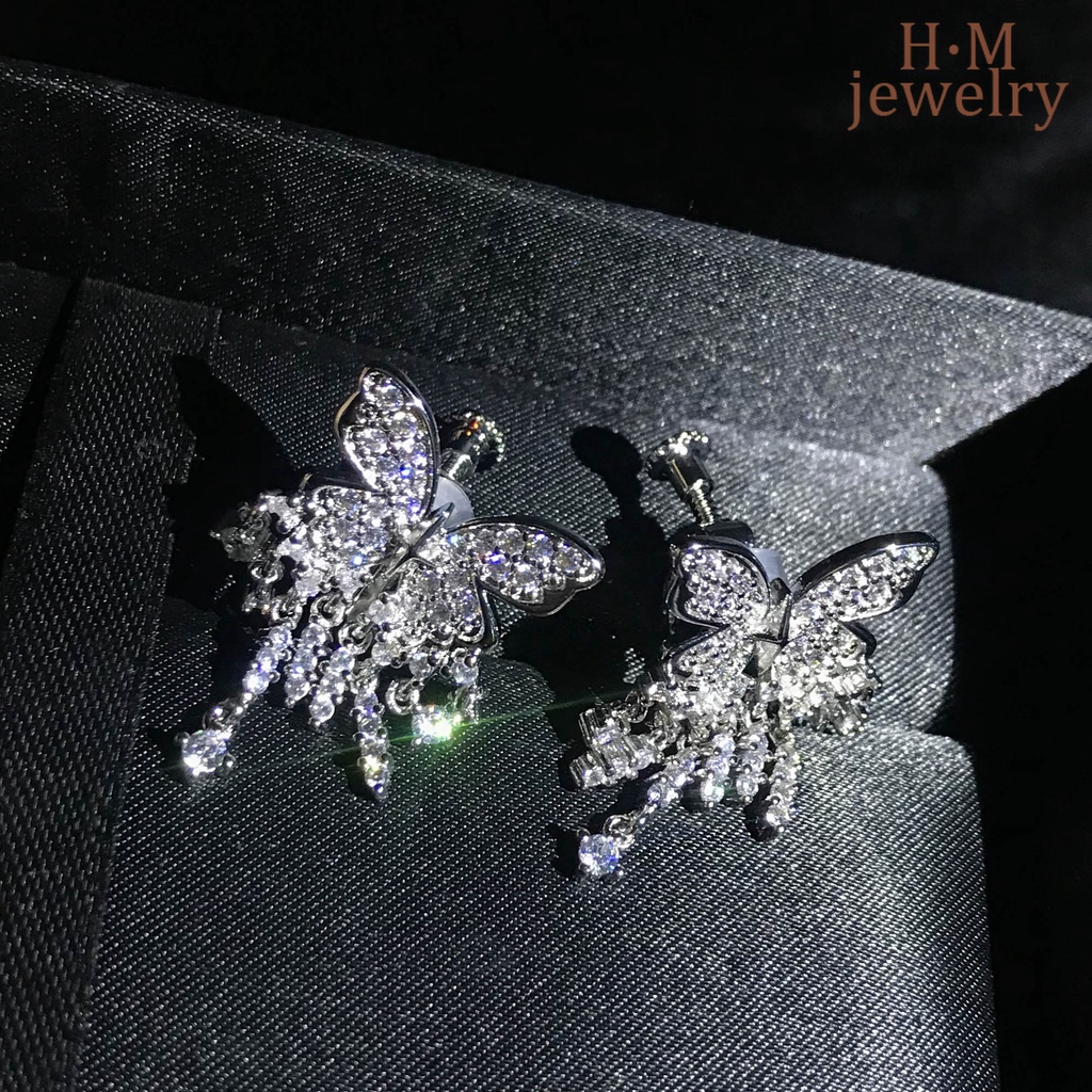 Anting Tusuk Gantung Sterling Silver 925 Desain Kupu-Kupu Hias Berlian Untuk Wanita Butterfly