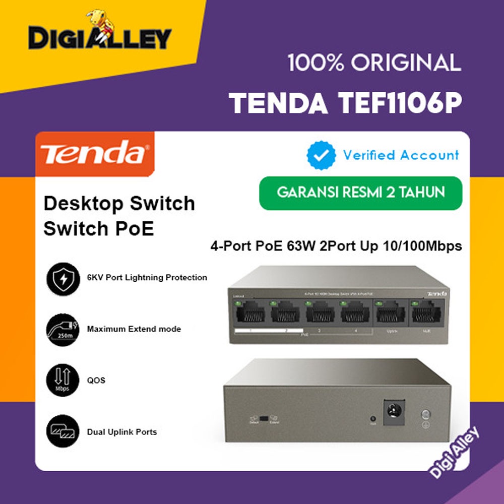 Tenda TEF1106P Switch HUB 6 Port 4-63W LAN Fast Ethernet PoE Original
