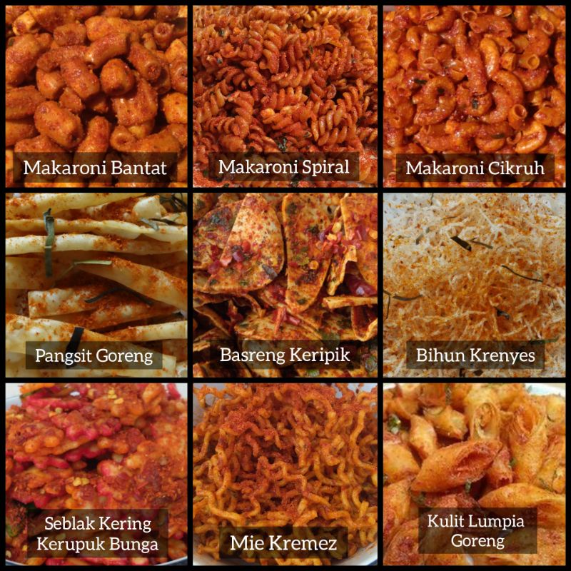 

150gr. Makaroni Bantat/Makaroni Spiral/Makaroni Cikruh/Pangsit Goreng/Keripik Basreng/Bihun Krenyes/Sebring Kerupuk Bunga/Mie Kremez/Kulit Lumpia Goreng