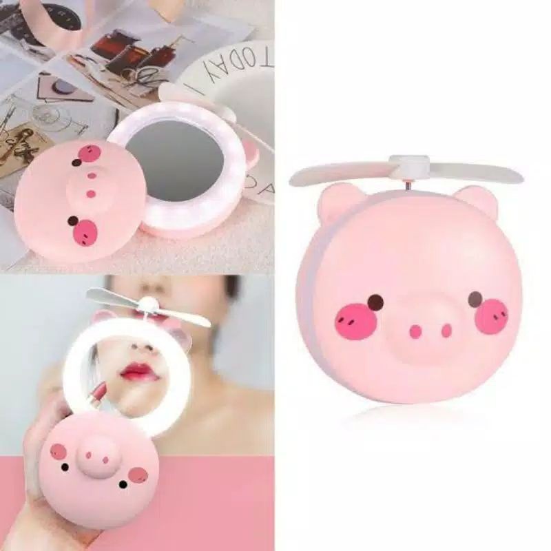 [COD] MIAO Kipas Angin Mini Portable 3in1 Cermin Rias Mini + Kipas + Lampu USB dengan Karakter Lucu l Biru &amp; Pink