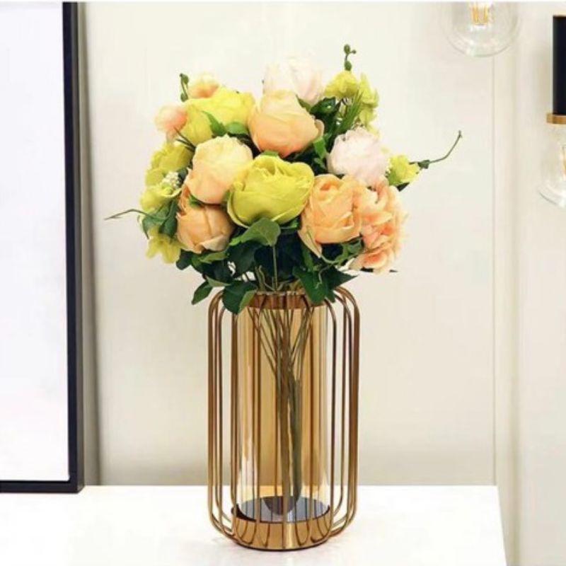 Glass Vase With Bracket / Hiasan Meja/Vase Ava luxury metal/Luxury Transparan/Bunga Angrek kuning