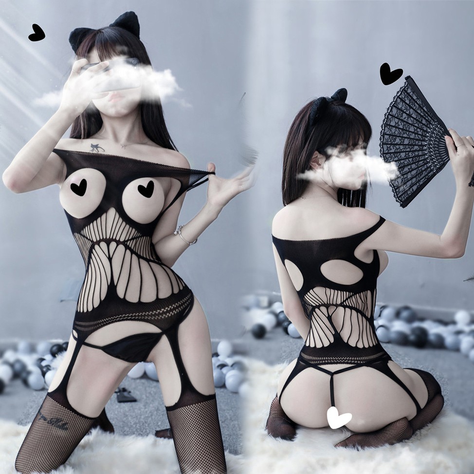 LI-101 black cat tie sexy fishnet lingerie baju tidur wanita seksi cosplay