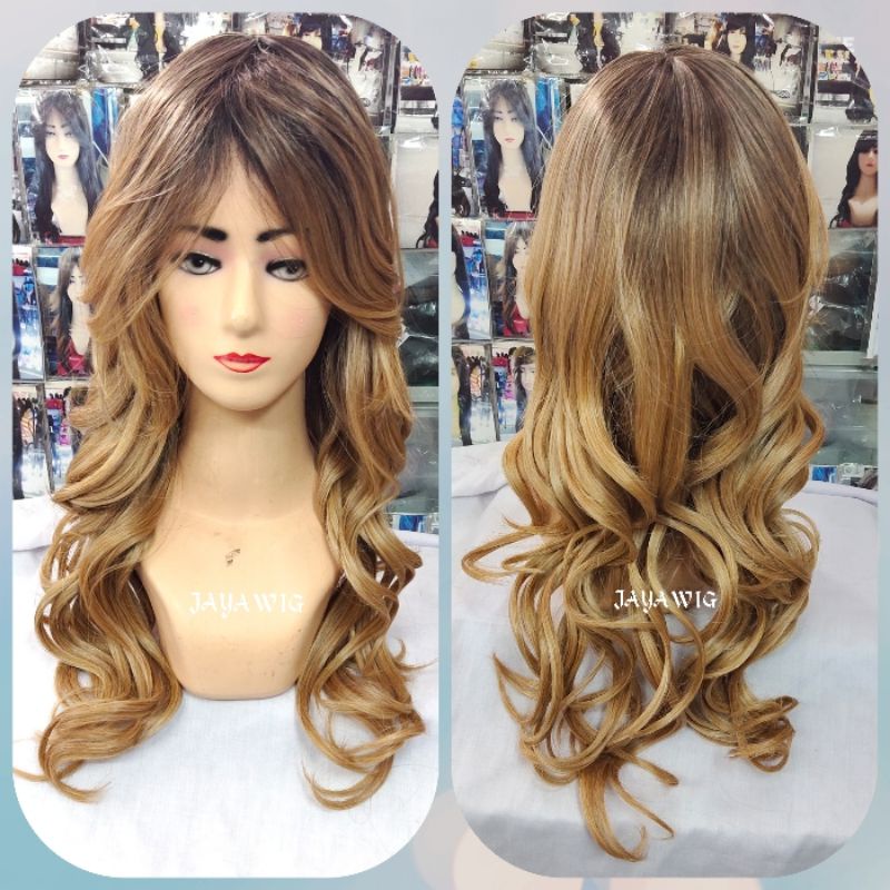 Wig Wave Panjang 50cm Rambut Palsu Keriting Warna Ombre Blonde