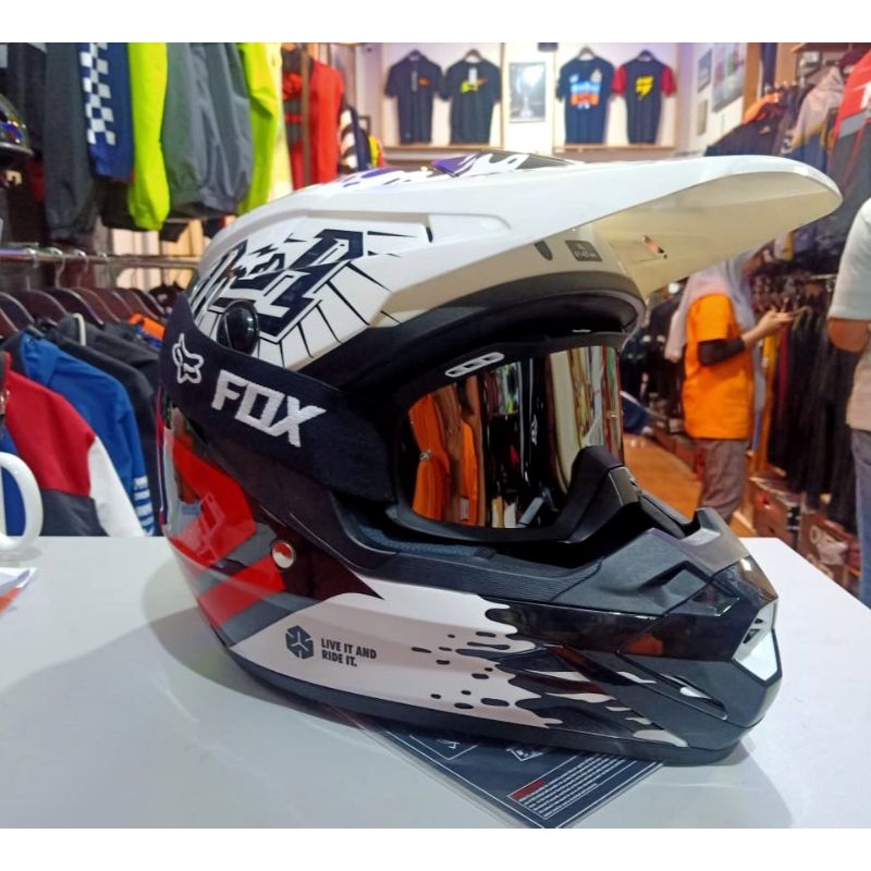 HELM TRAIL MX ORCA TEBARU PUTIH HITAM MERAH PLUS GOOGLE