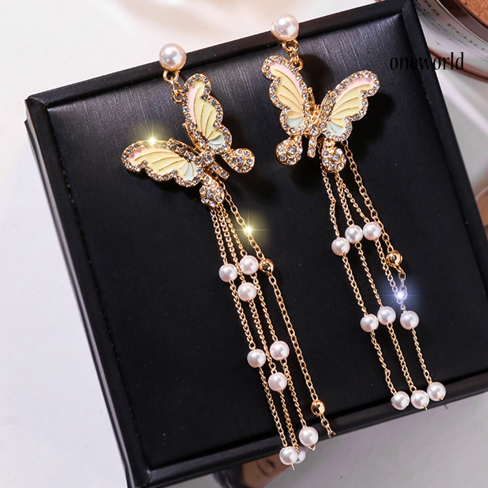 OW@ Lady Bling Rhinestone Inlaid Butterfly Long Tassel Faux Pearl Drop Stud Earrings