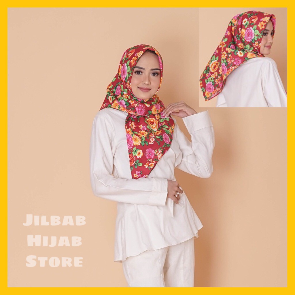 Jilbab Hijab Kerudung Segiempat Square Polycotton Motif Merah Maroon Murah