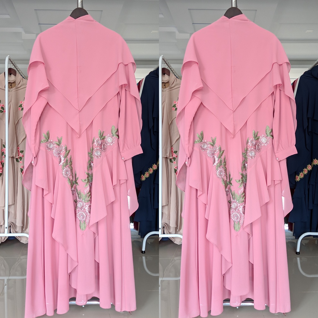 Gamis Syari Ceruty Bordir Set Khimar Gamis wanita Remaja Kekinian Ibu Ibu Jumbo Mewah-Pink