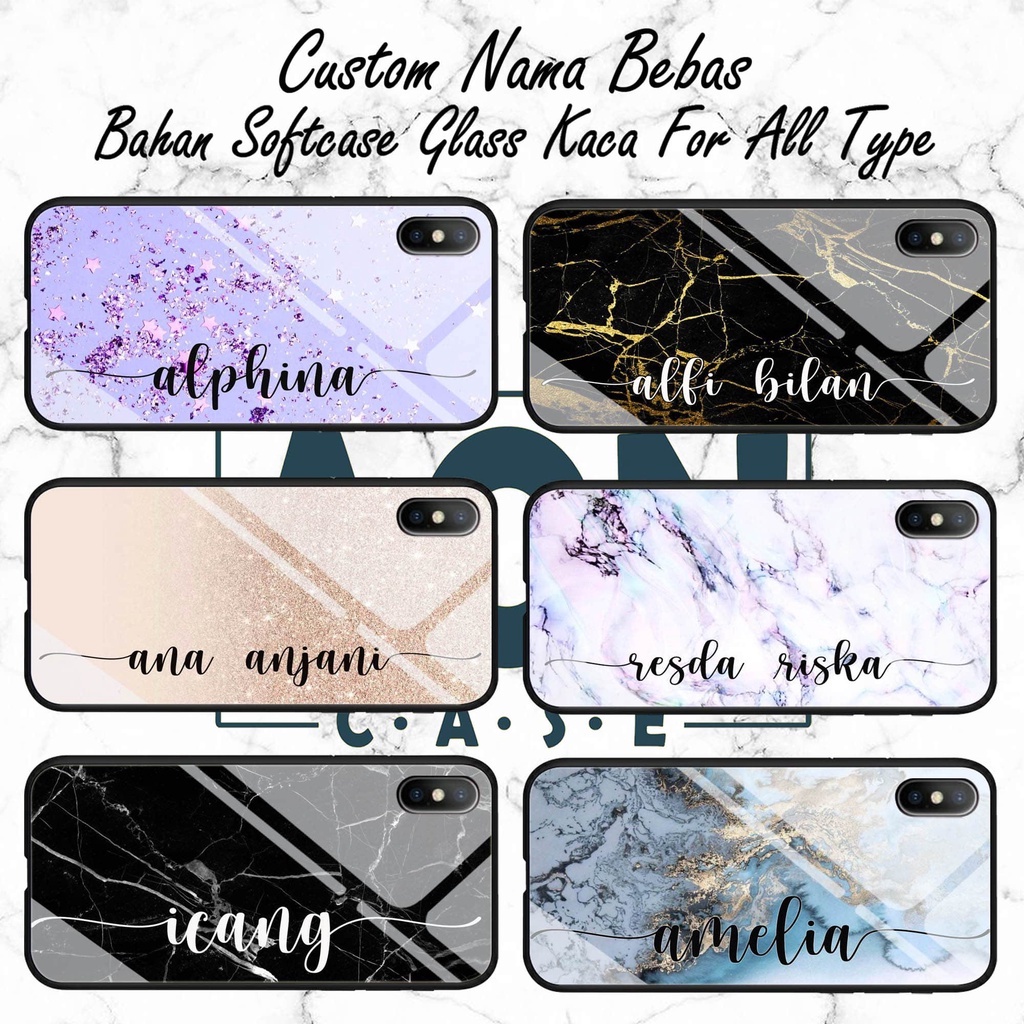 [Custom Case Nama Marble] Bahan Softcase Glass Kaca For All Type Oppo/Vivo/Realme/Xiaomi/Infinix/Sam