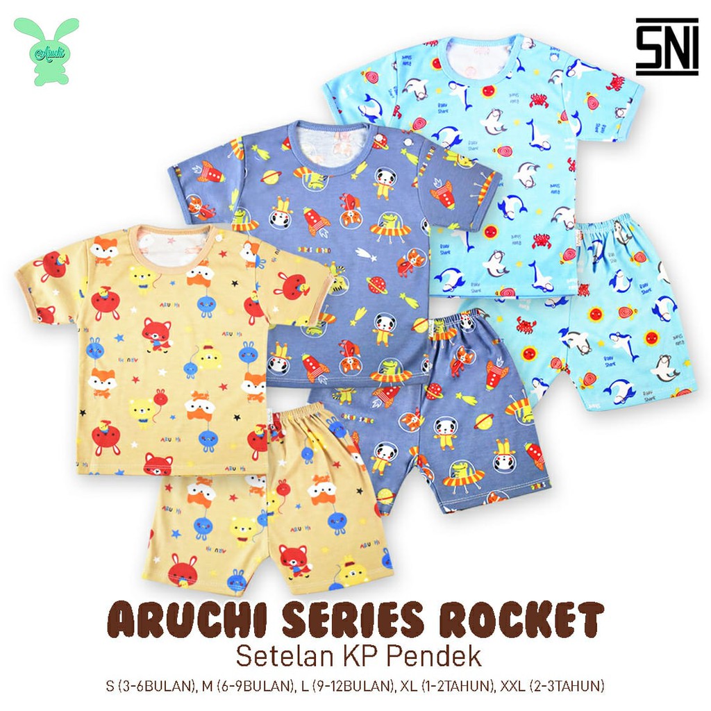 1Pcs Setelan Pendek Bayi Aruchi Motif Rocket SML,XL,XXL bahan Cotton Lembut CBKS