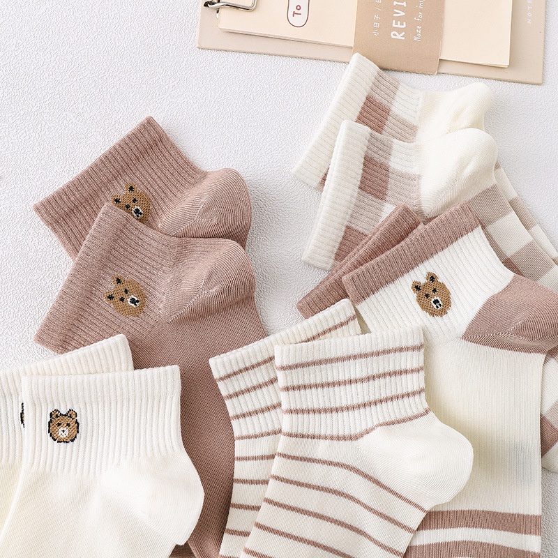 [littlecrab] Kaos Kaki Bear Chocolate Cute Women Socks Import Kaos Kaki Berkualitas Square Brown White Kaos Kaki Beruang Korean Style-2