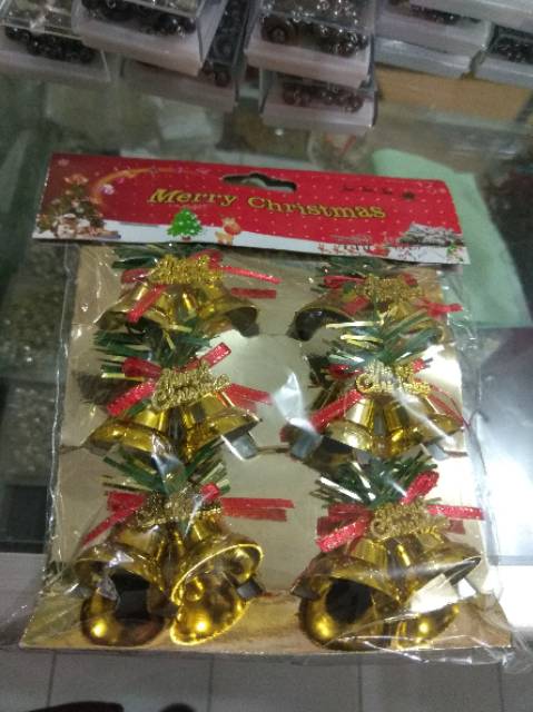 SATU SET HIASAN POHON NATAL BENTUK LONCENG SEPASANG MERRY CHRISTMAS ISI 6 PCS - DEKORASI RUMAH MURAH