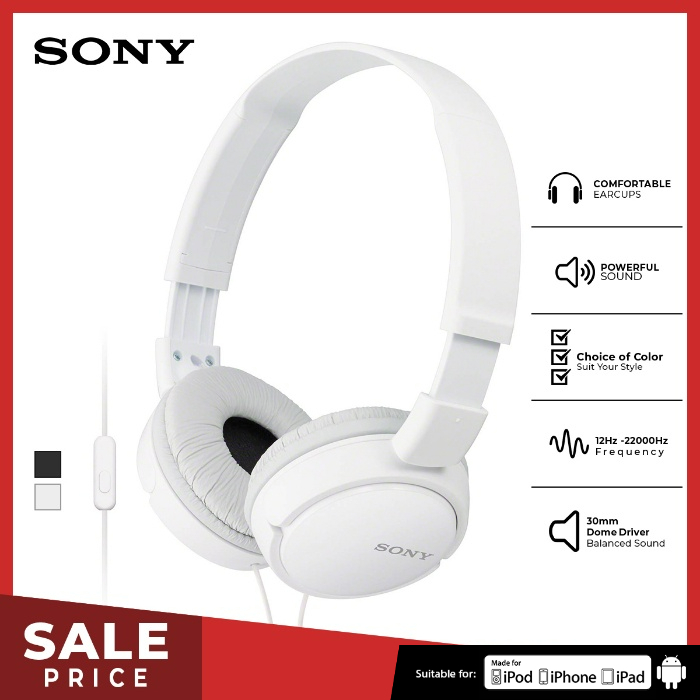 Earphone Sony MDR-ZX110AP Headset Mass Model Overbands With Microphone - White SONY Headphone Original