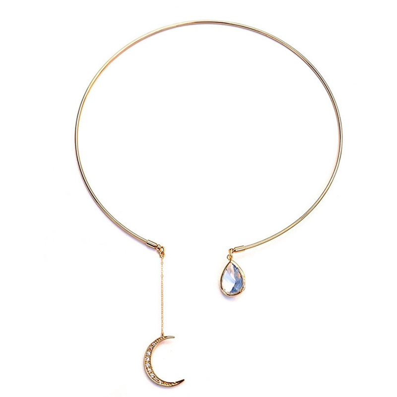 Kalung Choker Simple Elegan Model Terbuka Dengan Liontin Bulan Sabit+Kristal Untuk Wanita