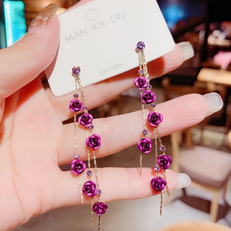 Anting Gantung Panjang Model Kelopak Bunga Dengan Rumbai Warna Merah / Ungu Untuk Wanita