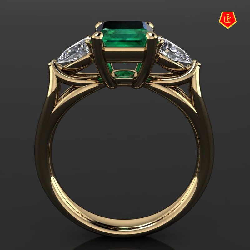 [Ready Stock]Fashion Elegant 18K Gold Green Square Diamond Ring