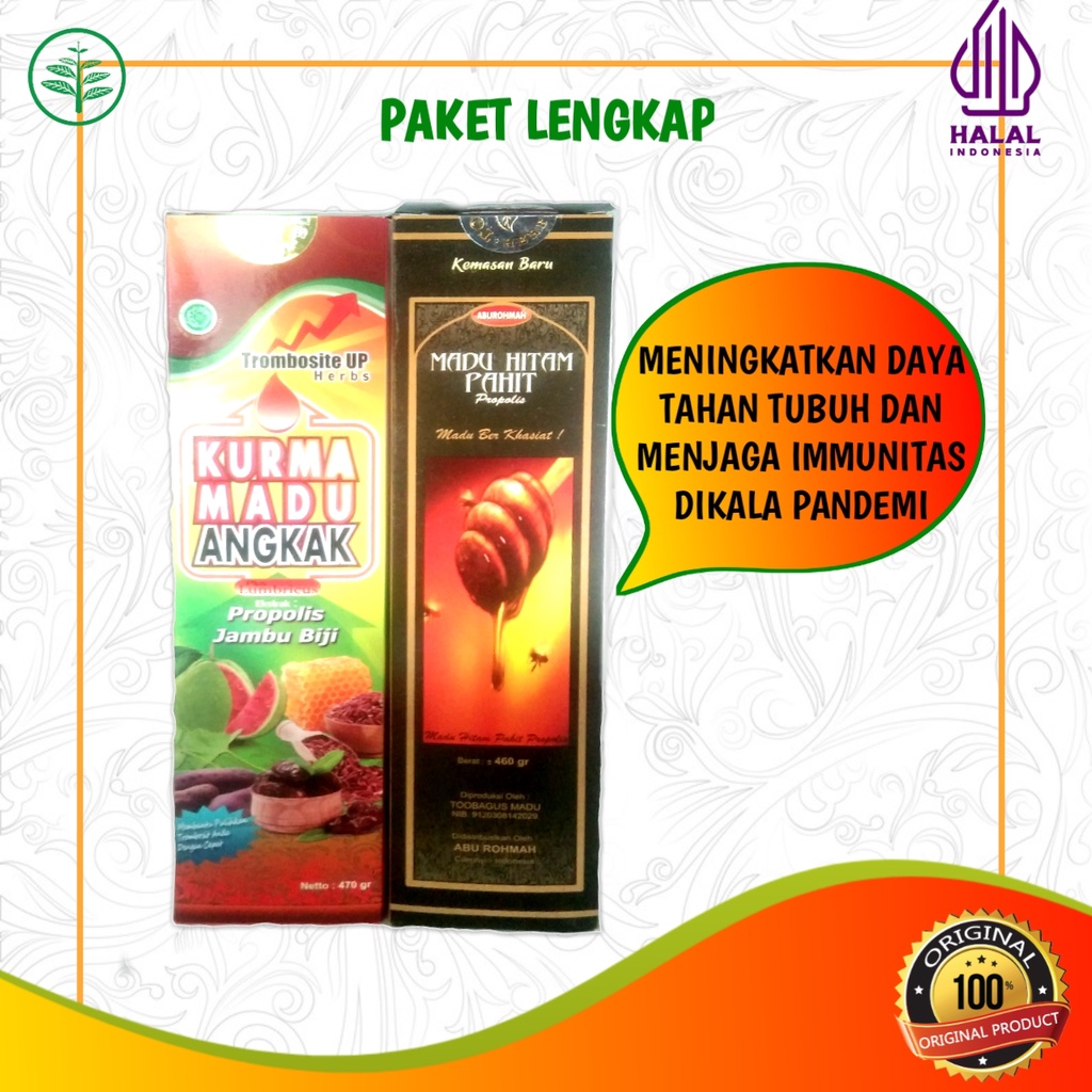 

PAKET IMMUN MADU HITAM PAHIT DAN SARI KURMA UKURAN 470GR PENURUN DEMAM TROMBOSIT UP 2 PRODUK