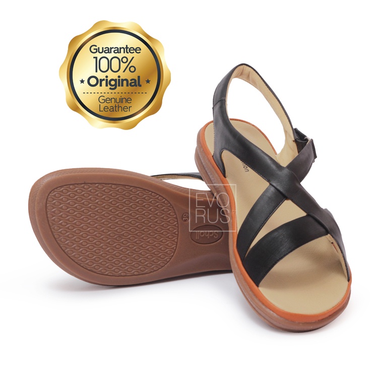 Scholl E1 Black | Sepatu Sandal Memory Cushion 100% Original | Sendal Kulit Asli Genuine Leather