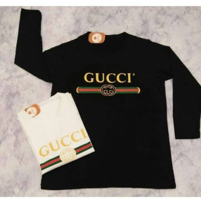 KAOS LENGAN PANJANG DISTRO FASHION BRANDED PRIA WANITA GUCCI MURAH - Hitam, S