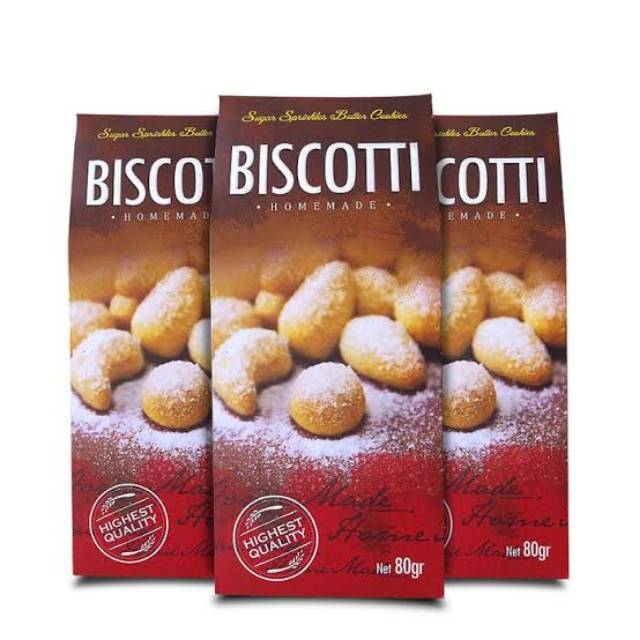 

Biscotti adalah cookies rasa butter dan susu dengan isian kacang mede dan taburan sprinkle sugar