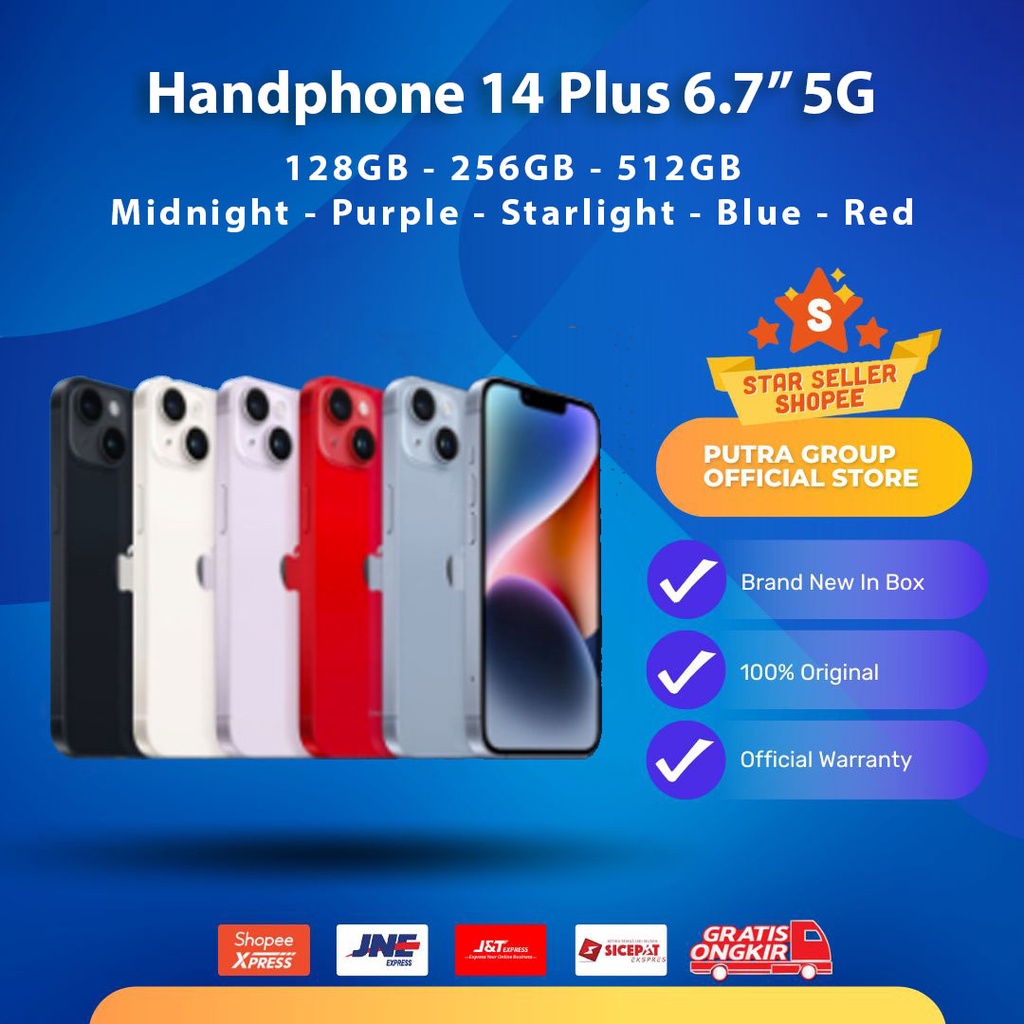 Handphone 14 Plus + 128GB 256GB 512GB Midnight Purple Starlight Red Blue 5G 6.7&quot; inch