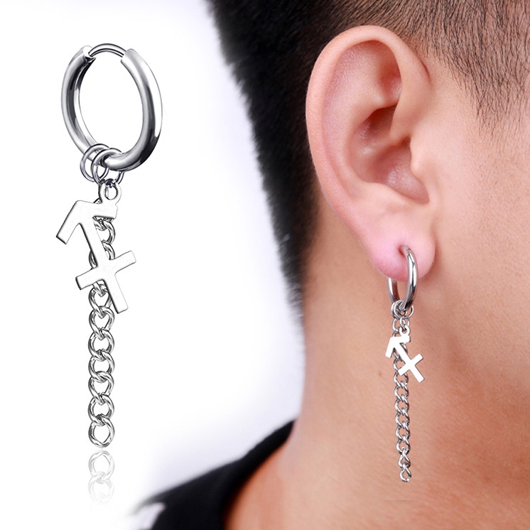Anting titanium anti karat model tusuk tindik jepit cowok pria motif zodiak silver rantai panjang fashion korea import murah-sagitarius