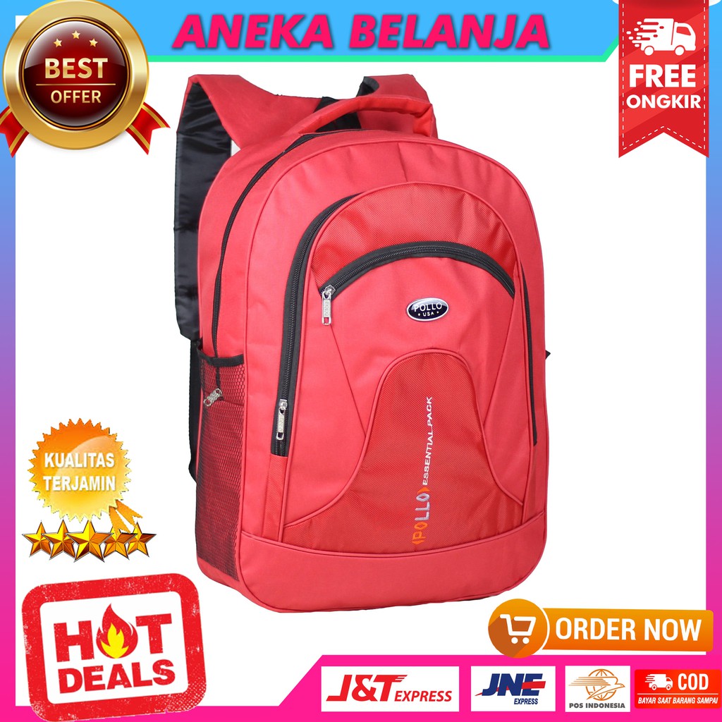 Tas Punggung Pria Sekolah Polo Essential Merah Backpack Cowok Stylish SD SMP Kerja Kuliah Berkualitas Free Raincover Bahan Awet Tebal Harga Terlaris Termurah