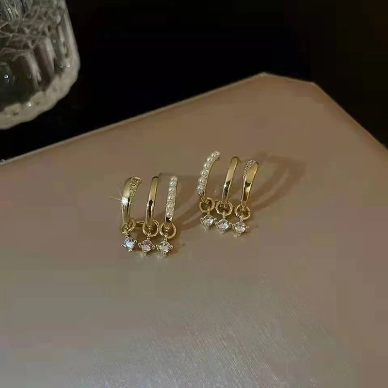 Anting Stud Zircon Mutiara Berlian Imitasi Multilayer Gaya Korea Untuk Wanita