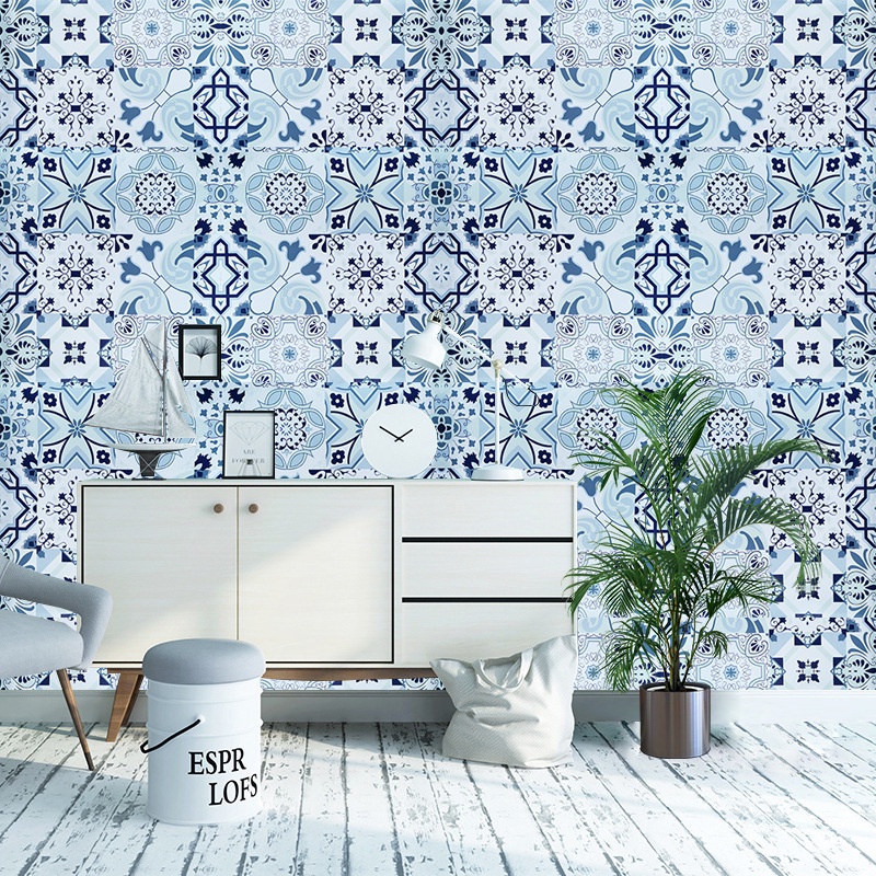 736 Wallpaper Wall Paper Motif Keramik Klasik Biru Coklat Stiker Sticker Setiker Wallsticker Cafe Dinding Dekorasi Rumah Ruang Tamu Keramik Lemari Kitchen Set Dapur Walpaper Welpeper Dekor Tempelan Kramik Kamar mandi Decoration Tegel Tagel Clasic Antik