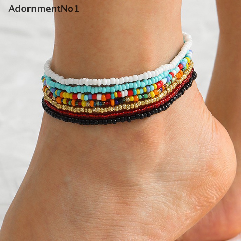 (AdornmentNo1) 7pcs / set Gelang Kaki Wanita Manik Warna Warni Handmade Adjustable