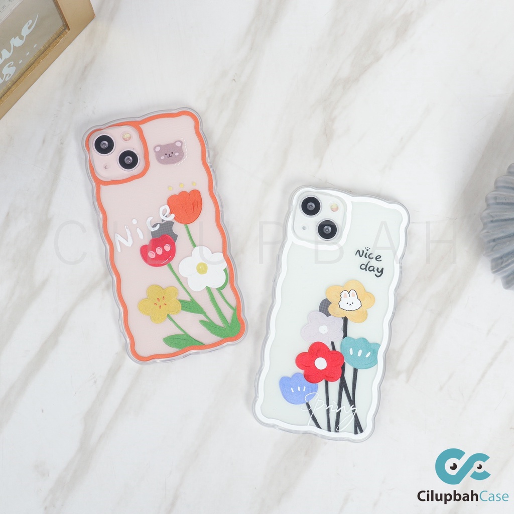 Clear Softcase Big Flowers Bear and Bunny Wavy Side Full Lens Cover For iPhone 7 8 SE XR XS MAX 11 12 13 MINI PRO MAX