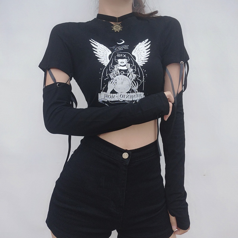 #Sisjuly# Gadis Punk Menyenangkan Dark Angel Cetak Jahitan Lengan Panjang T-shirt Wanita Pinggang Ti