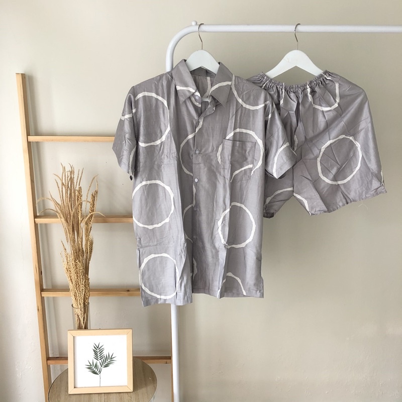 hirafa - One Set Setelan Atas Bawah Full Kancing / Baju Santai Tie Dye / Baju Wanita Pria-Big Ring - Silver