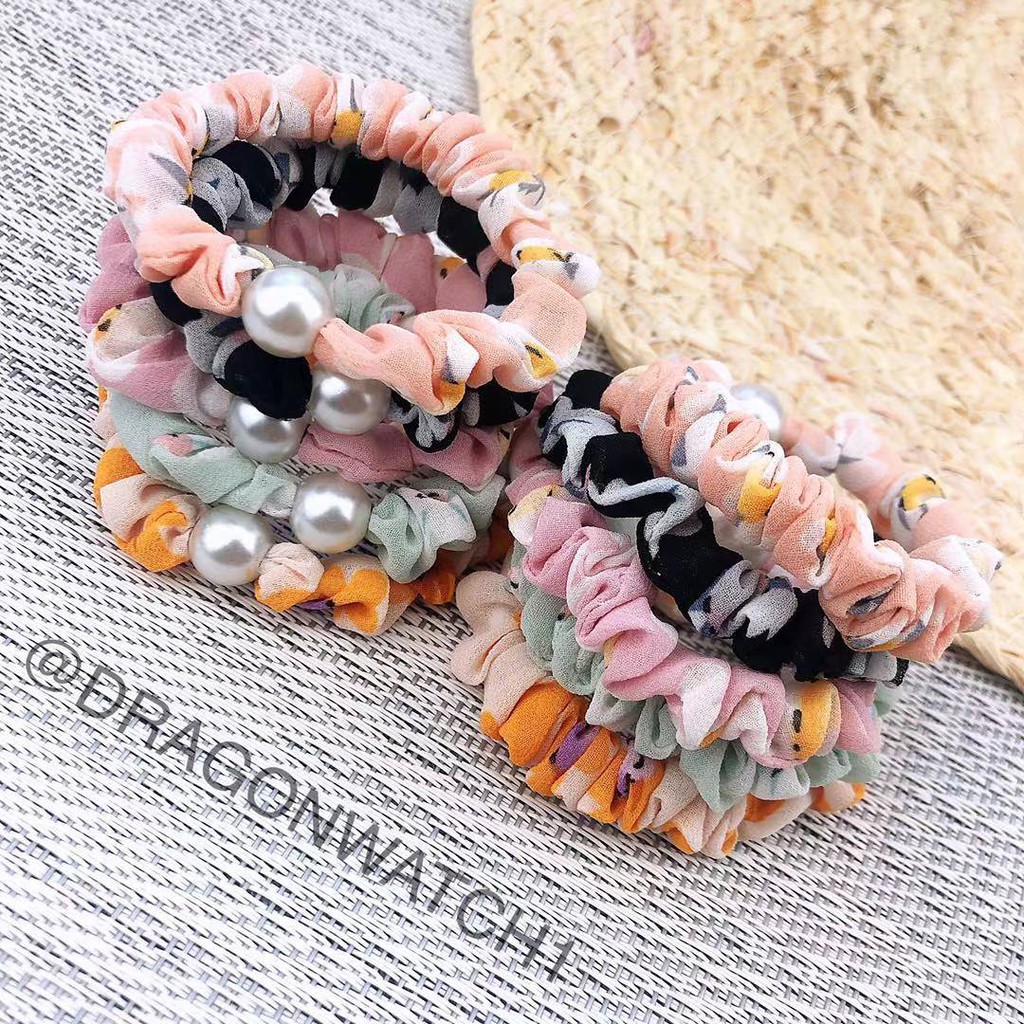 [Fashion Wanita]Ikat rambut mutiara sifon elastis donat kecil gaya korea cincin rambut kualitas T008