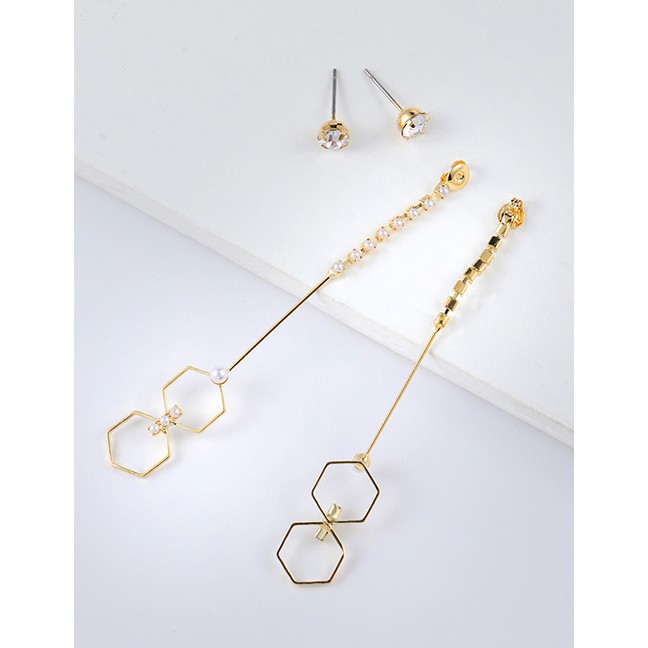 LRC Anting Tusuk Fashion Real Gold Alloy Rhinestone Pearl Geometric Stud Earrings F79760