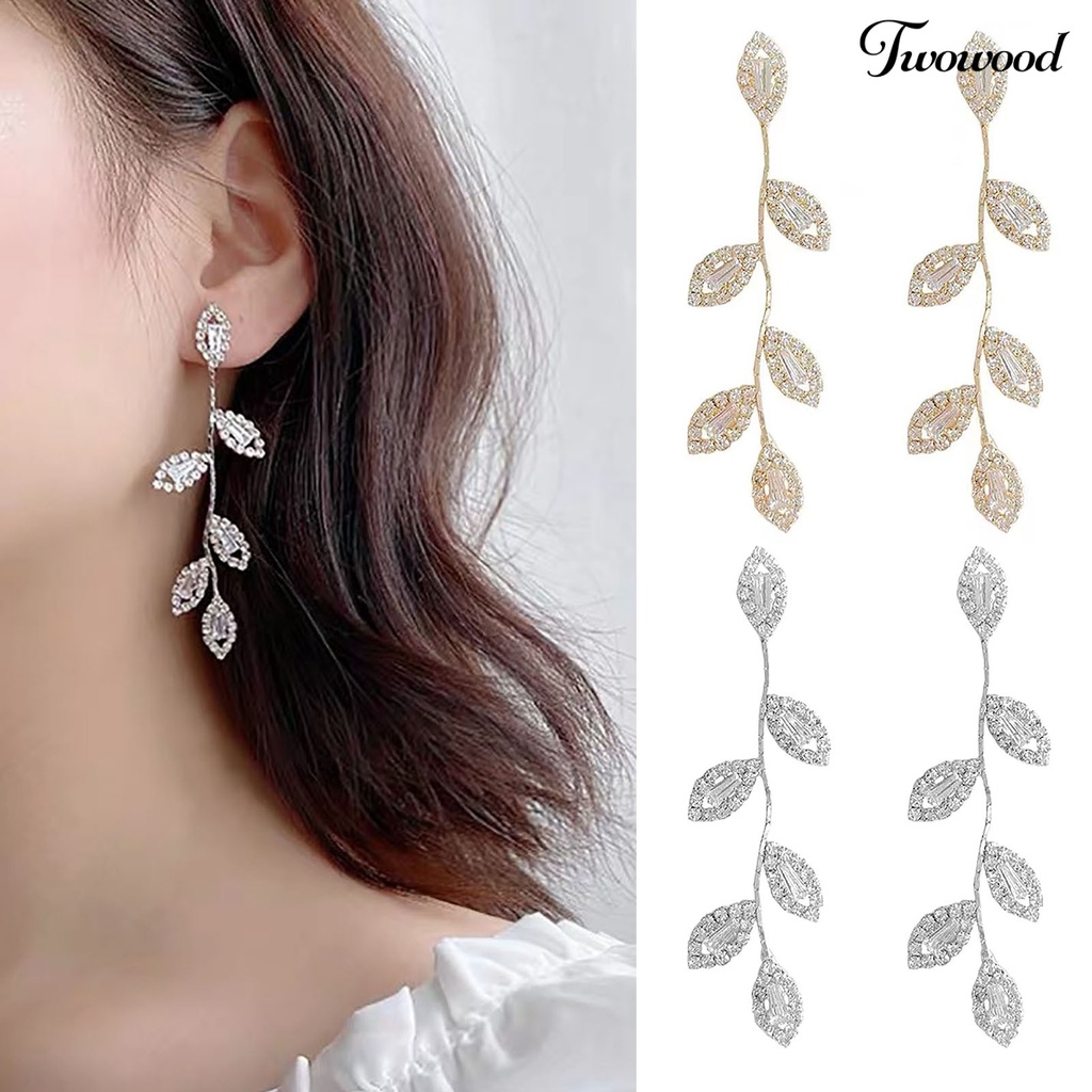 Twowood 1 Pair Shiny Piercing Stud Earrings Alloy Cubic Zirconia Leaves Women Earrings Wedding Jewelry