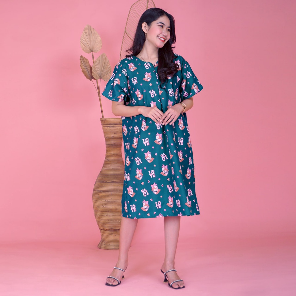 Daster JUMBO XXL Batik, Motif Acak / Campur, Leher Kancing Bumil Busui , Batik Warna-DJR Love Hijau