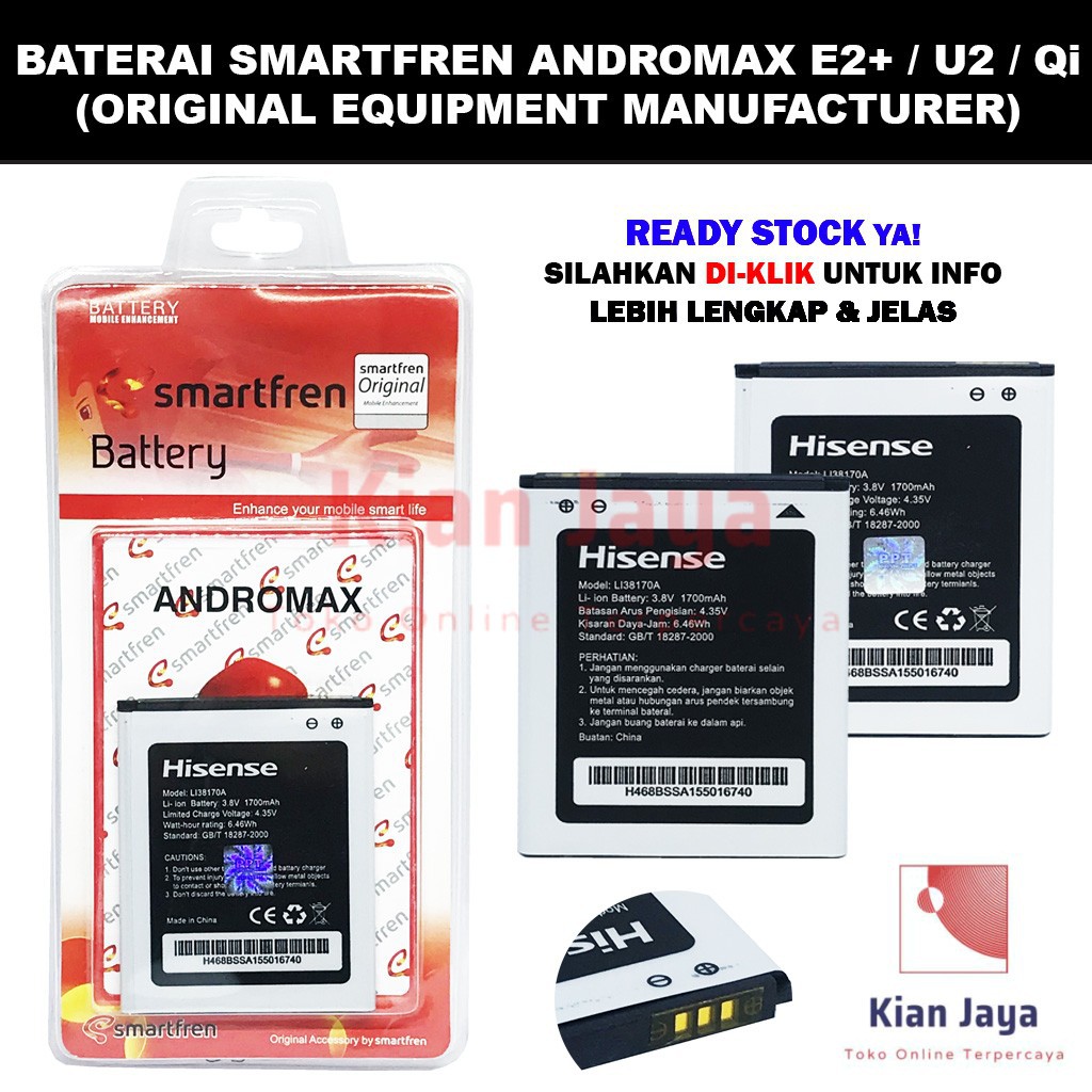 Baterai Handphone Smartfren Andromax E2+, U2, Qi, L138170A Original OEM Batrai Batre Battery