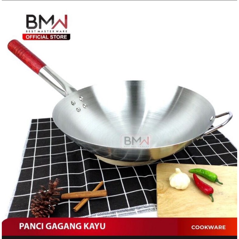 Wajan BMW Gagang Kayu Stainless Tahan Panas Panci Penggorengan Tebal Anti Lengket Kuali 34cm / wajan nasgor / wajan oseng oseng doubel tangkai