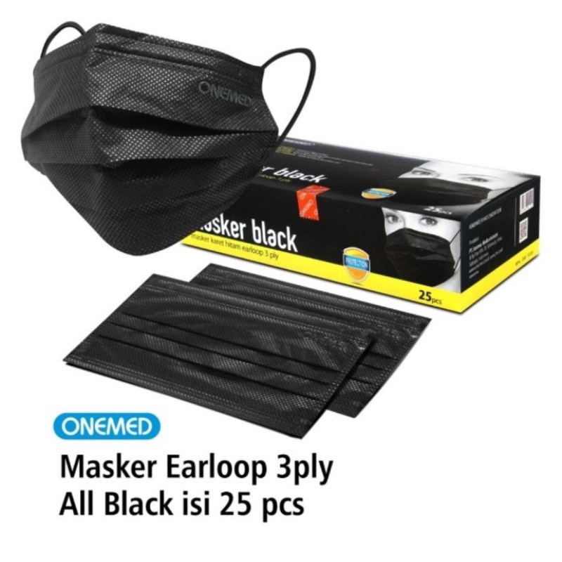 Masker Onemed Earloop All Black isi 25 pcs