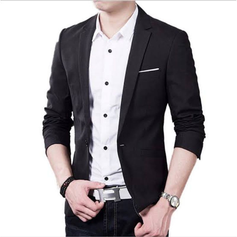 JAS BLAZER PRIA LIST PUTIH BAHAN JETBLACK SLIM FIT