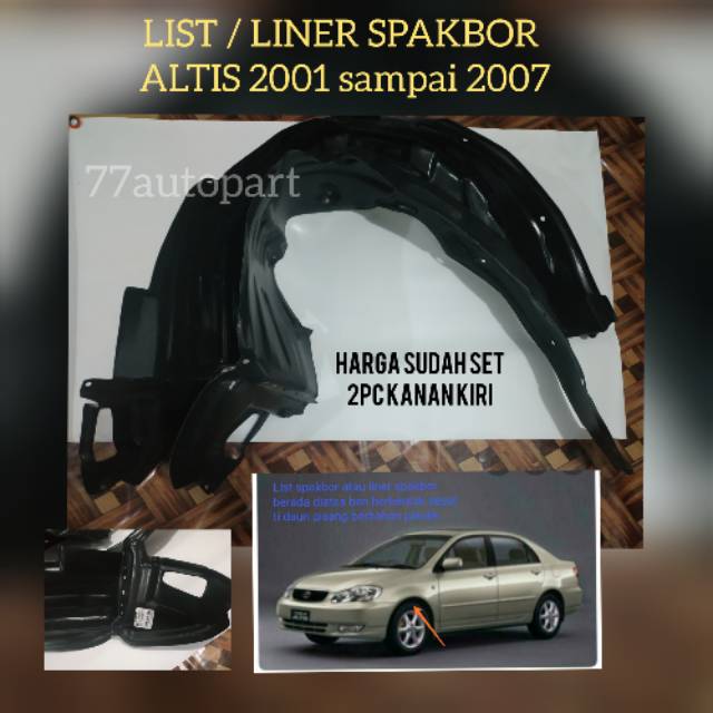 List spakbor liner fender altis 2001 sampai 2007