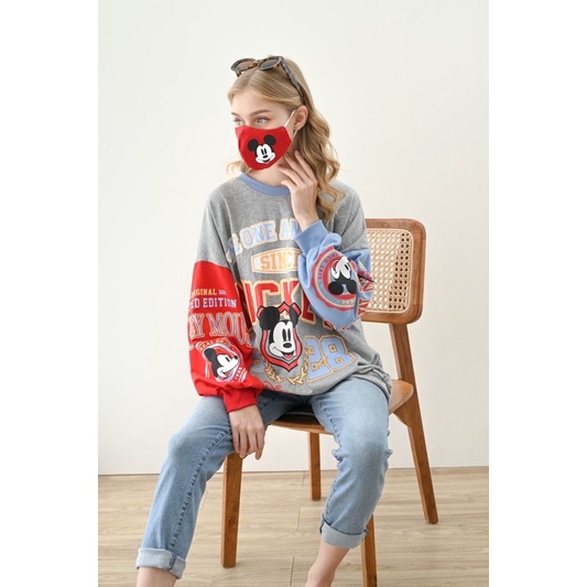 SWEATER WANITA TANGAN PANJANG CREWNECK DISNEY MICKEY PULLNBEAR = FREE MASK