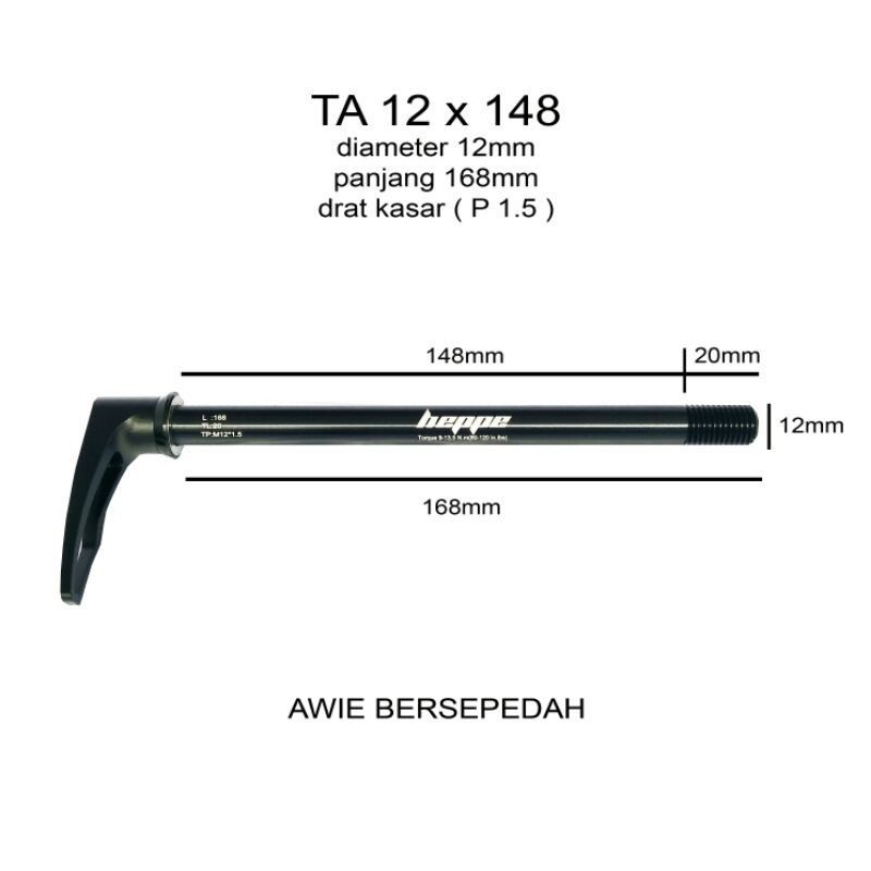 TA 12 x 148 boost panjang 168 mm drat kasar thru axle