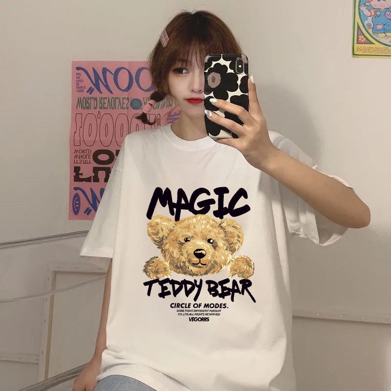 [littlecrab] Kaos Oversize Magic Teddy Bear Kaos Couple T-shirt Hitam Putih Circle Of Modes Kaos Berkualitas Korean Style