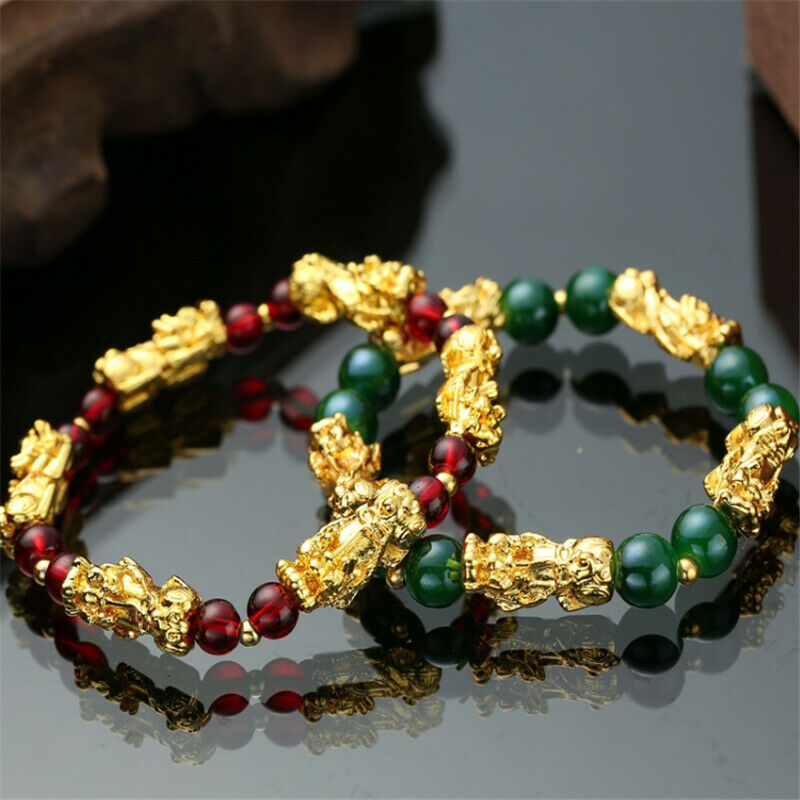 Unisex Wealth Feng Shui agate Golden PIXIU Wealth Beads Bracelet Attract Wealth and Good Luck Jewelry Gift