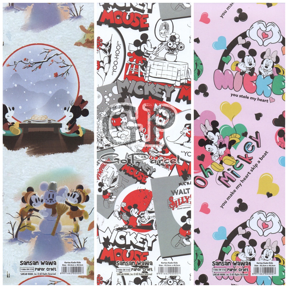 ( 5 Lembar ) MICKEY SANWA - KERTAS KADO MINNIE MOISE FRIENDS - GIFT WRAP PAPER SANSAN WAWA / MINNIE MOUSE AND FRIENDS / DONULD DUCK / DAISY DUCK / DISNEY ORIGINAL CLASSIC VINTAGE BLACK AND WHITE RED BLUE / BIRU MERAH PUTIH HITAM