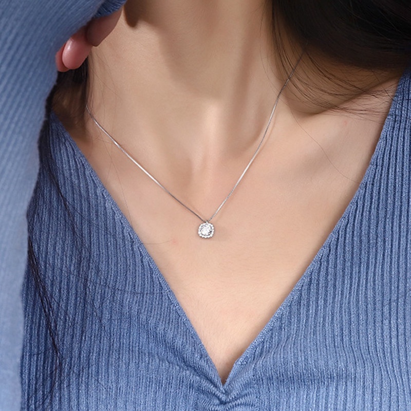 Kalung Rantai Sterling Silver Dengan Liontin Berlian Bentuk Kotak Untuk Wanita