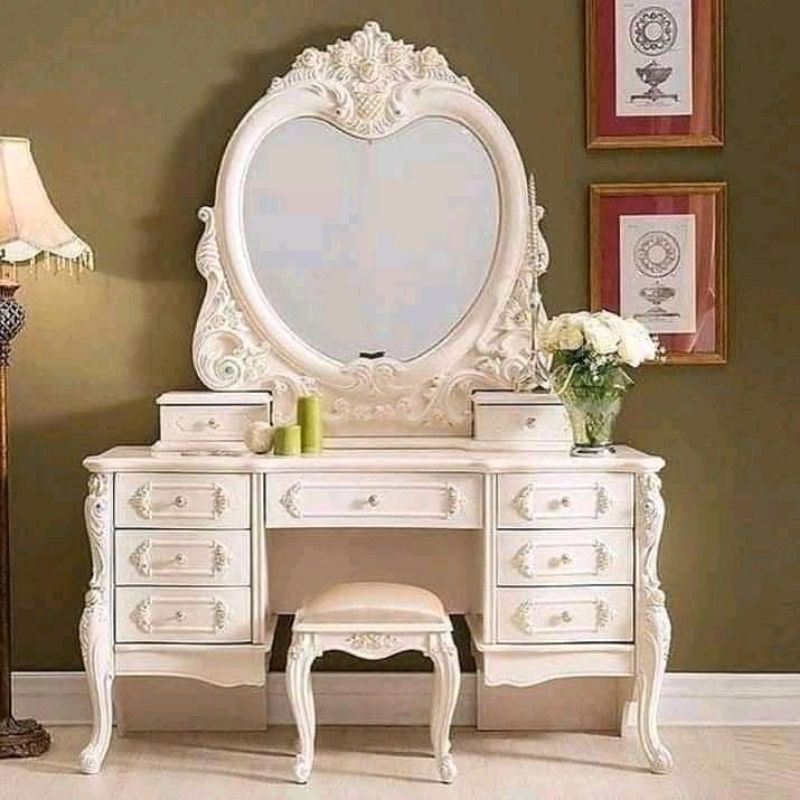 meja rias artis tolet kaca cermin ukir minimalis laci mewah elegan modern duco white furniture mebel