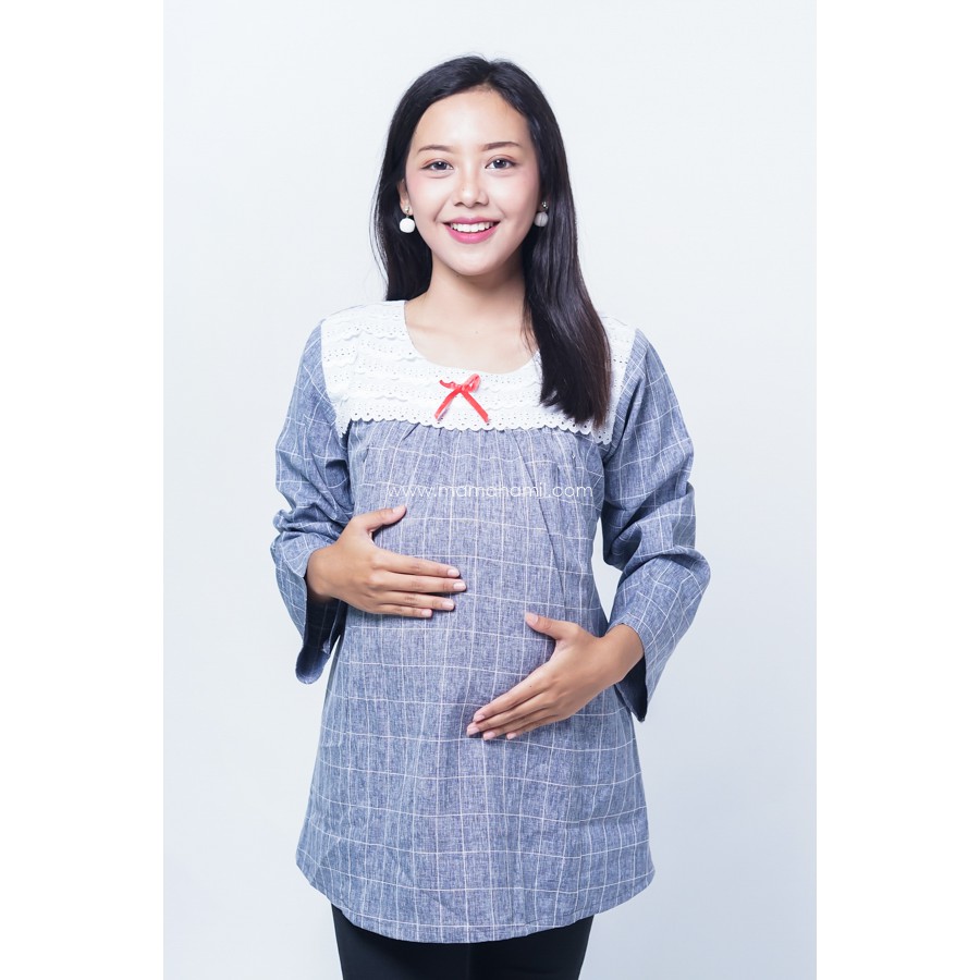 MAMA HAMIL Blouse Ibu Hamil Menyusui Murah Muslim Tartan Renda Putih Blouse Lengan Panjang - SJ 386